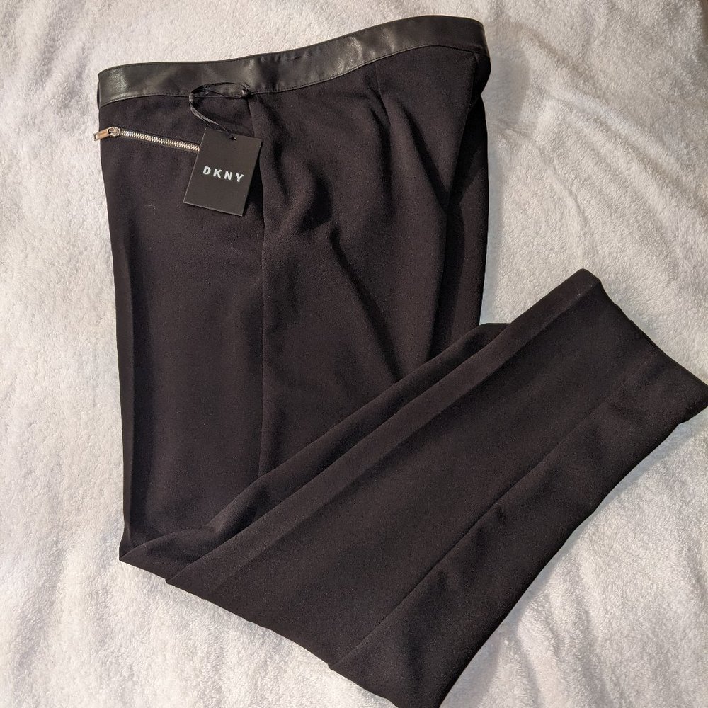 NWT DKNY Black Contemporary Pants | Faux Leather Waist & Zipper Detail Size 6